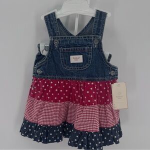 OshKosh B'gosh  Girls Baby Denim Dress Blue Red White Star Stripes 2 Pc Set 0-3M